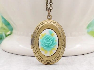 Delicado collar medallón camafeo rosa estilo vintage flor azul boda joyería Foto 1 de 4