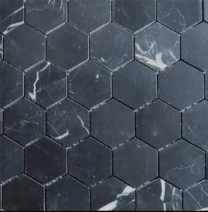 3 satori N32XH Nero Marquina Black Marble 2 inch Hexagon Mosaic Flooring Tile - Picture 1 of 7