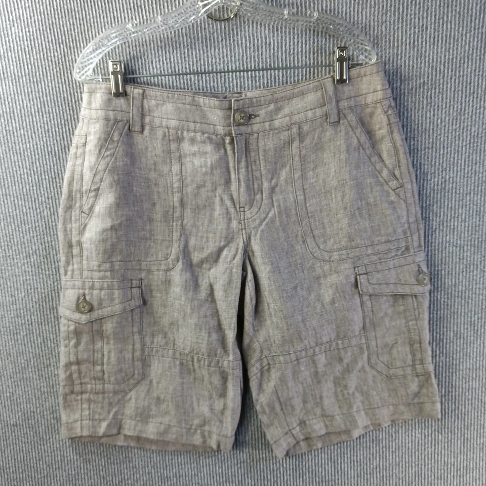 Cabi Shorts Womens 10 Brown Flat Front Bermuda Cargo Pockets Linen Stitch Accent - Image 1 of 4