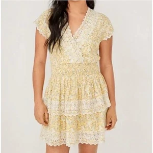 NUEVO CON ETIQUETAS NUEVO Mini Vestido American Eagle Lino Jardín Fiesta Volantes Floral Amarillo - Imagen 1 de 11