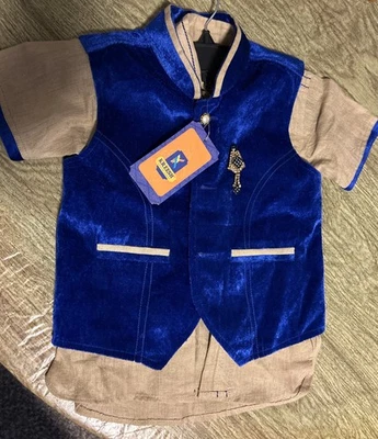 Pasni Dress Boy/Nepali Boy Size 20 (USA Size 5) Kurta & Vest Only Blue & Tan-New - Image 1 of 4