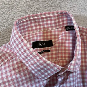 Hugo Boss Shirt Mens 15.5 34 35 Pink Check Spread Sharp Fit Button Up Dress - Picture 1 of 6