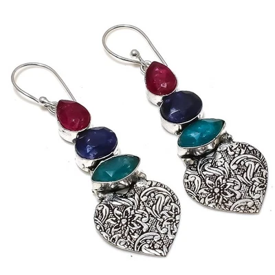 Greensimulated, Rosso Giada Gemma 925 Argento Sterling Gioielli Orecchino 6.5cm - Immagine 1 di 4