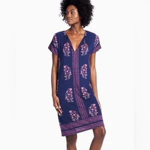 Lucky Brand Printed Tee Dress XS Purple Pink Keyhole Stretch Mini Short Sleeve - Picture 1 of 7