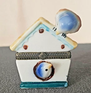 Birds Birdhouse Small Porcelain Hinged Trinket Box Hand Painted - Picture 1 of 6