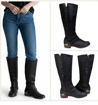 Bota de montar Ugg Channing de cuero negra ecuestre alta plateada correa de tacón 8 39 Foto 1 de 4