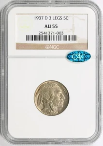 1937-D 3 gambe 5c bufalo nichel NGC CAC AU58 - Foto 1 di 4