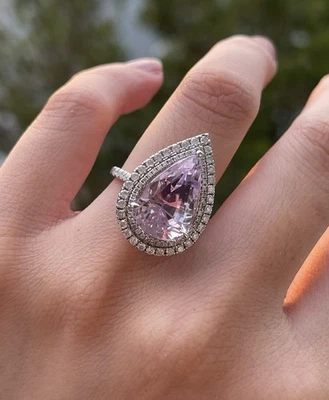 Old Val $16k 14ct white gold natural pear shaped Kunzite diamond halo ring — 第 1/4 张图片