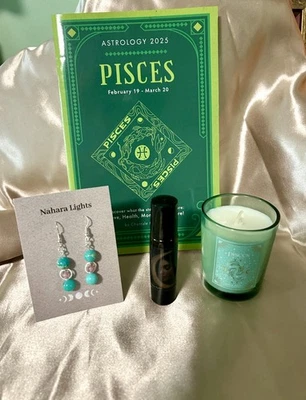 Juego de Regalo Piscis - Vela, Pendientes Variscita, Cuarzo Fresa, Perfume 10ml Foto 1 de 2