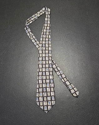 Barrington Silk Necktie Mens 57.5L 3.75W Gray Blue Window Squares USA - Image 1 of 4