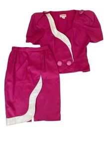 Set gonna vintage Raul Blanco manica a sbuffo peplo taglia 8 rosa bianco bottoni - Foto 1 di 19