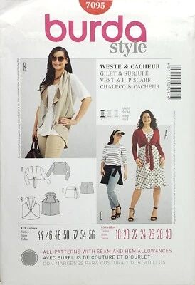 Burda 7095 Misses' Vest, Tie Front Shrug & Hip Scarf Sz 18-30 UNCUT Pattern EASY - Image 1 of 4