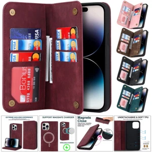 Leather Wallet Card Slot Magnetic MagSafe Charge Case for iPhone 12 13 14 15 16 - Picture 1 of 55