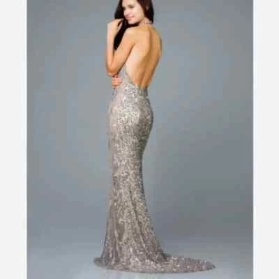 Scala 48959 Sequin Beaded Halter Gown Lead Silver Gunmetal Size 0 - Image 1 of 4