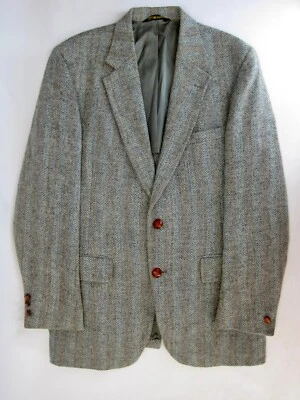 Blazer Harris Tweed Azul Gris Espiga Amarillo Rayas Lana Cuero Botones 40L Foto 1 de 4