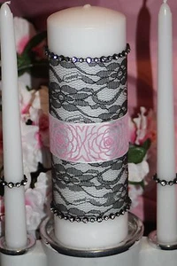 Kerzenset hellrosa schwarz Damast Diamant Strass Hochzeit weiß Einheit - Bild 1 von 1