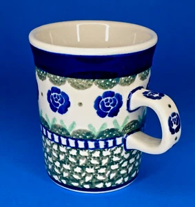 Taza de cerámica polaca floral en azul, 3,74" de alto, 8 oz hecha en Polonia - Imagen 1 de 8