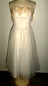 VTG 60'S WHITE ORGANDY? OVER SATIN APPLIQUE FLOWERS SPAGHETTI STRAP DRESS S 5-6 - Picture 1 of 8