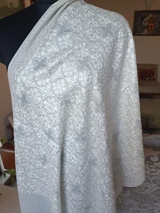WEDDING WHITE w Svorski KASHMIRI CREWEL EMBROIDERED PASHMINA CASHMERE STOLE - Picture 1 of 11