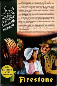 PRINT AD 1936 Firestone High Speed Tires Mother Daughter Protection 6.5 x 10 - Imagen 1 de 3