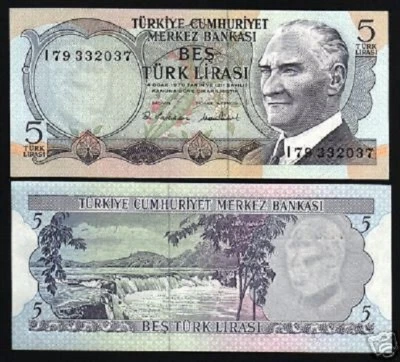 TURKEY 5 LIRA P-185 1970 x 100 Pcs Lot BUNDLE WATERFALL FLOWER UNC MONEY NOTE - Image 1 of 3
