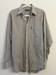 Aquascutum Shirt Brown Black Mens Casual Striped Size Medium - Picture 1 of 15