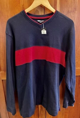 NUEVO CON ETIQUETAS BKE Hebilla Azul Marino Rojo Pecho Rayas Cuello en V Algodón Tejido Suéter Para Hombre Talla L Foto 1 de 2