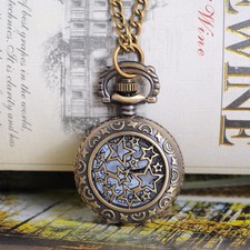 Vintage Bronze Tone Round Quartz Pocket Watch Necklace Chain Sunflower 84cm