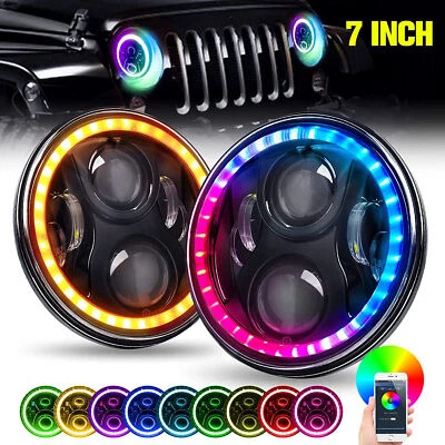 Pair 7" Inch RGB LED Headlights Halo Angel Eyes For Jeep Wrangler JK LJ TJ CJ - Image 1 of 4