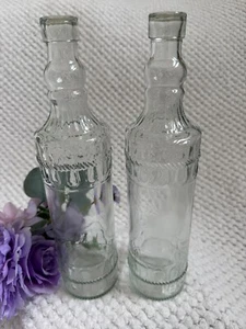 Pair Of Clear Glass Decorative Bottles-12.5” Tall-Embossed Vintage Style - Picture 1 of 7