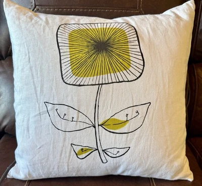 Modern Linen Floral Pillow 20x20 Mustard Yellow Black Print w/ Feather Insert - Image 1 of 4