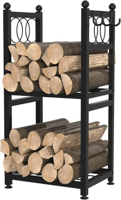 Estante de Leña para Interior Exterior, Soporte de Leña de 2 Niveles con 3 Ganchos Colgantes, H Foto 1 de 4