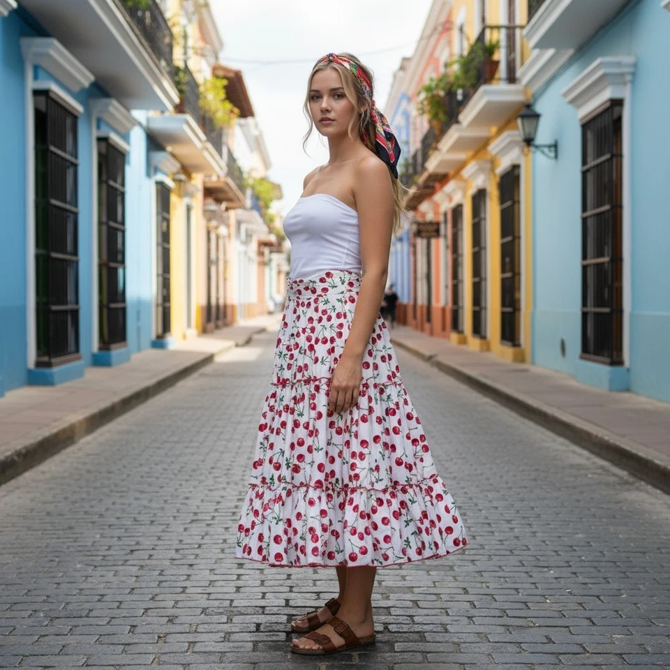 Saia Bettie Page branca com cerejas retrô pin up Rockabilly pequena - Imagem 1 de 4