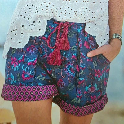 Sundance Kalini Short Floral Linen Sz XL Blue Pink Cuffed Tassle Drawstring - Image 1 of 4