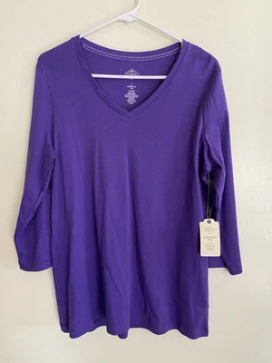St. John’s Bay Cuello en V ~ Manga 3/4 ~ Top/Camiseta de Algodón ~ Violeta ~ Talla Grande ~ Nuevo con Etiquetas Foto 1 de 3