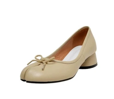 Moda Feminina Couro Real Gravata Borboleta Biqueira Dividida Salto Médio Sapatos de Balé Novo - Imagem 1 de 4