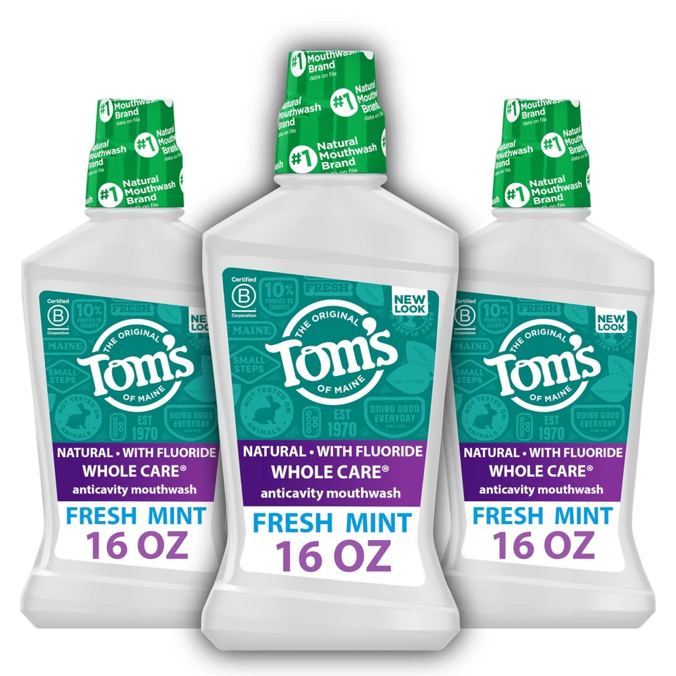 Tom's of Maine Whole Care Natural Fluoride Mouthwash Fresh MINT 16 Oz. 3-pack