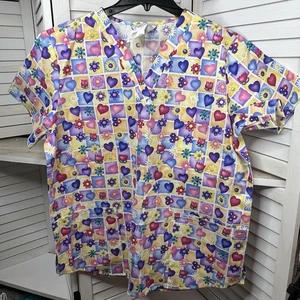 NWT Cherokee Women's Scrub Top Large Spring Hearts Flowers Bright V-Neck Pockets - Picture 1 of 5