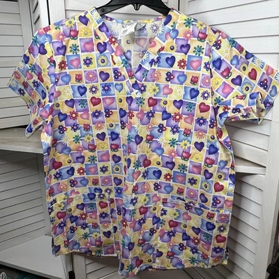 NWT Cherokee Women's Scrub Top Large Spring Hearts Flowers Bright V-Neck Pockets - Image 1 of 4