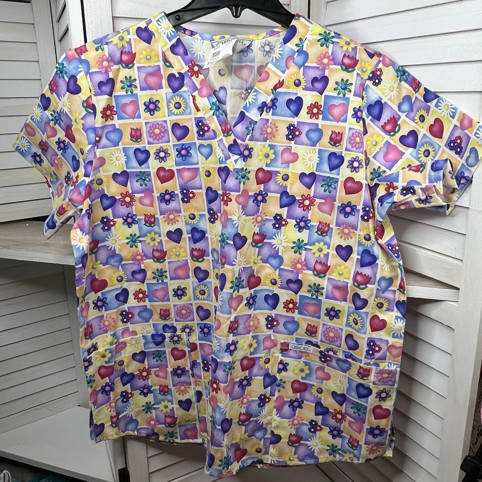 NWT Cherokee Women's Scrub Top Large Spring Hearts Flowers Bright V-Neck Pockets - Image 1 of 4