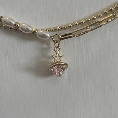 Brazalete Chapado en Oro 14k Doble Hilo Cadena Mixta Perla y Planeta Rosa Foto 1 de 4