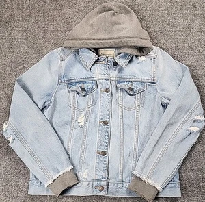 Abercrombie & Fitch Men’s Denim Jacket L Distressed Hoodie Blue Jean Grunge Y2K - Picture 1 of 9