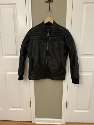 Mens Black Mondo Jeans  Bomber Jacket Zip Up , Pockets Faux Leather Size M - Image 1 of 4