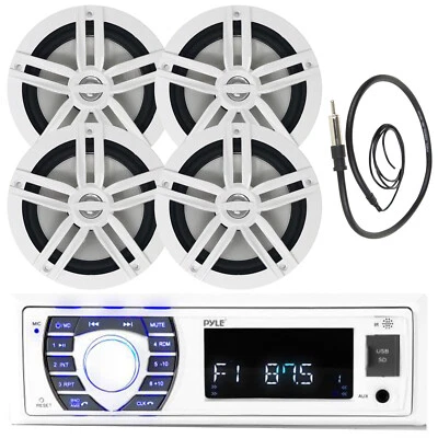 Pyle White In Dash Marine MP3 Radio Player, 4X 6.5" Speaker Package With Antenna - Image 1 of 4