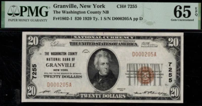 1929 $20 Washington National Bank Granville, New York CH# 7255 PMG 65EPQ Top Pop - Image 1 of 4