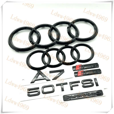Novo Audi A7 50TFSI Anéis Emblema Brilho Preto Grelha Frontal Distintivo Traseiro Conjunto de 7 Peças - Imagem 1 de 4
