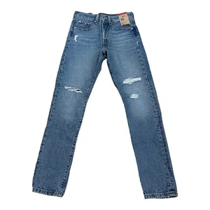 Levis 501 Skinny High Rise Jeans Women 24x28 (25x29) Blue Distressed Button Fly - Picture 1 of 9