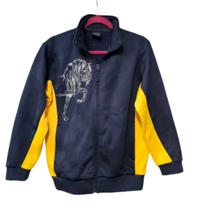 Women's Novelty Horse Print Jacket Size 12 M Equestrian Stallion Blue & Gold - Picture 1 of 10