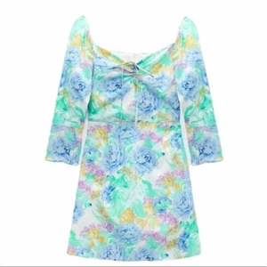 New ZARA Off Shoulder Floral Watercolor Poplin Mini Dress Ruched Puff Sleeve XS - Picture 1 of 12