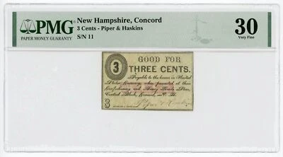 1860's 3c Piper & Haskins - Concord, NEW HAMPSHIRE Note PMG VF 30 - Image 1 of 2